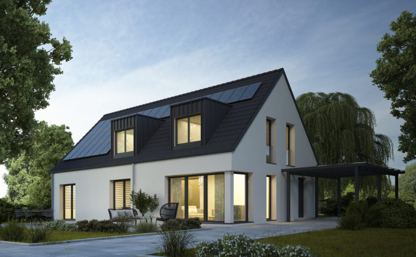 3d rendering of a modern house with metal roof and solar panels in the evening